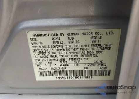 2005 Nissan Altima 2.5 S from USA, damaged, VIN 1N4AL11D75C114558